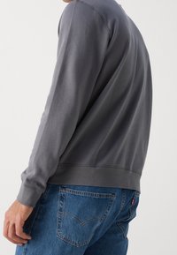 Felpa grigia a maniche lunghe con polsini e orlo a costine, abbinata a jeans in denim blu con dettaglio del logo sulla tasca posteriore.