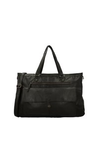 Zwarte lederen totebag met twee bovenhandvatten, verstelbare schouderriem, voorvak met ritssluiting en een klepvak met drukknopsluiting.