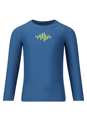 Pitkähihainen urheilupaita tummansinisessä värissä. Rinnassa limevihreä graafinen kuvio. Valmistettu sileästä ja joustavasta kankaasta.