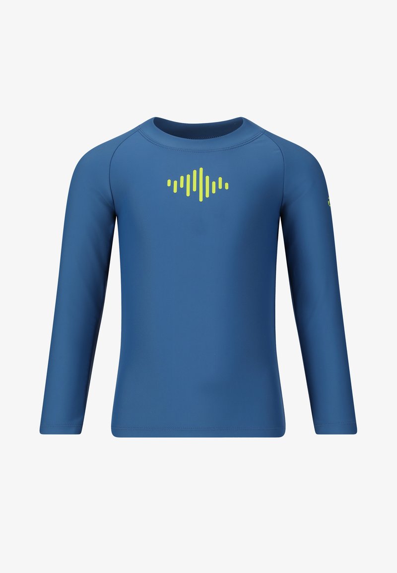 Langærmet, atletisk skjorte i ensfarvet marineblå. Har et limegrønt grafisk design på brystet. Lavet af glat, strækbart stof.