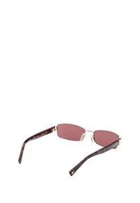 Sunglasses with rectangular pink lenses, gold metal frame, and tortoiseshell acetate arms featuring a star accent on the temple.