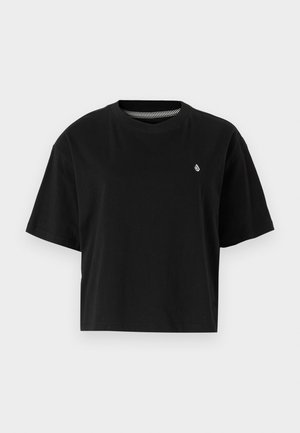 Black cropped t-shirt made of cotton, featuring short sleeves, a round neckline, and a small white logo on the left chest.