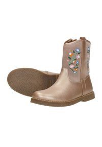 Brown leather ankle boots with floral embroidery in blue, pink, and orange. Side zip closure and textured rubber sole.