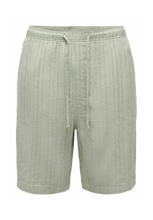 Shorts en tissu texturé gris clair avec taille élastique et cordon de serrage, longueur genou, style décontracté.
