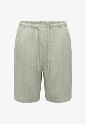 Hellgraue, strukturierte Stoffshorts mit elastischem Bund und Kordelzug, knielang, legerer Stil.