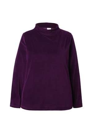 Haut à manches longues violet à col montant, fabriqué en tissu doux. Il présente une coupe décontractée et une texture lisse. Aucun motif visible ni détail en métal.