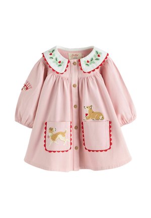 Pink toddler dress with embroidered dogs on pockets, floral collar with red scalloped trim, wooden buttons down front, and long sleeves.