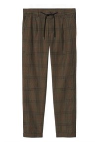 Spodnie w kratę w ziemistych odcieniach z elastycznym paskiem, z czarnymi akcentami i luźnym krojem. Klasyczny wzór z czerwonymi akcentami.