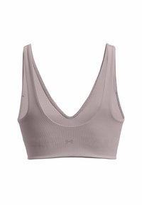 Sujetador deportivo de color malva claro con relieve, que presenta un profundo escote en V, tirantes anchos y una tela suave y elástica con un mínimo de marca en el centro.