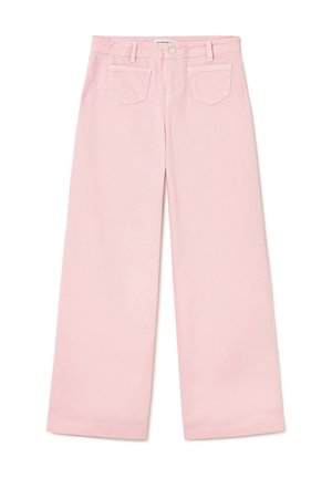 Pantalones vaqueros rosas de pierna ancha con bolsillos delanteros, trabillas para cinturón y cierre de botón, dispuestos planos sobre un fondo blanco.