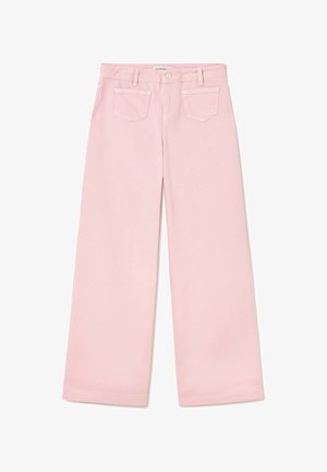 Pantalones vaqueros rosas de pierna ancha con bolsillos delanteros, trabillas para cinturón y cierre de botón, dispuestos planos sobre un fondo blanco.