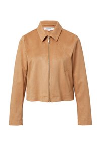 Giacca in suede marrone chiaro con zip frontale completa, colletto appuntito, maniche lunghe e due tasche laterali.