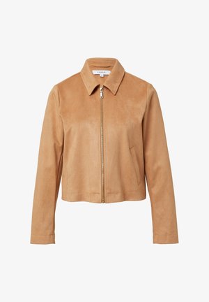 Light brown suede jacket with full front zipper, pointed collar, long sleeves, and two side pockets.