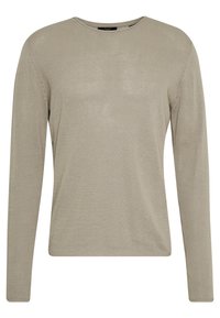 Long-sleeve knit top in light beige, featuring a crew neck, ribbed texture, and subtle sheen throughout the fabric.