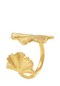 Gouden metalen ring met twee ginkgo-bladvormige ontwerpen, één aan elke kant, met gedetailleerde texturen en krommingen. Open bandstijl.