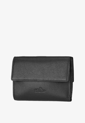 Black leather wallet with a textured surface, fold-over flap, and RFID protection feature. Features stitched edges and embossed logo.