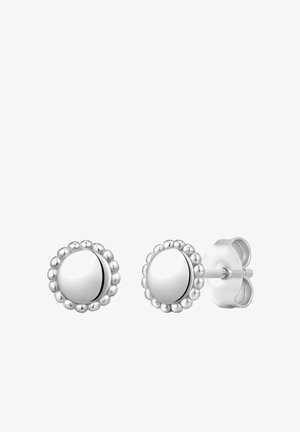 Silver stud earrings with a round, polished center, surrounded by a beaded texture. Secure backing for attachment.