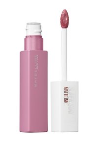 Maybelline Super Stay Matte Ink läppprodukt i en rosa cylindrisk tube, ihop med en vit applikatorstav med en fotformad tip.