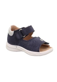 Marineblaue Sandale für Kleinkinder mit vorne und am Knöchel verstellbaren Klettverschlüssen, weißen Sprenkeln, gepolstertem weißen Absatz und strukturiertem weißen Sohlen.