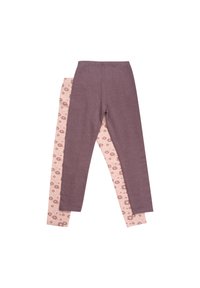 To par med tettsittende leggins: en ensfarget mauve og en lys rosa med blomstermønster. Begge har elastisk midjebånd.