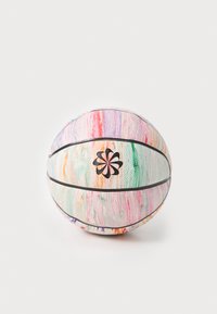 Multicolored basketball featuring a textured surface with black lines and logo. Colors include pink, green, orange, and purple.