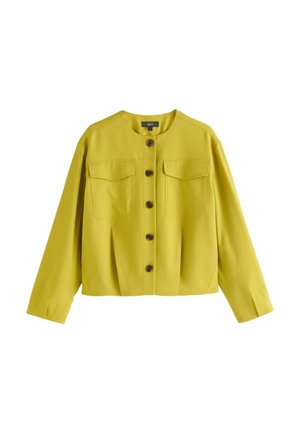 Gelbe Jacke mit durchgehender Knopfleiste, langen Ärmeln und zwei aufgesetzten Taschen, vor weißem Hintergrund dargestellt.