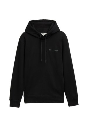 Zwarte hoodie met een kangaroezak aan de voorkant, capuchon met trekkoord en subtiele branding. Gemaakt van zachte stof met geribbelde boorden en zoom.
