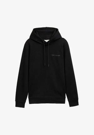 Zwarte hoodie met een kangaroezak aan de voorkant, capuchon met trekkoord en subtiele branding. Gemaakt van zachte stof met geribbelde boorden en zoom.