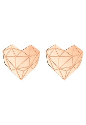 Geometrische herzförmige Ohrringe aus Roségold, mit einem facettierten Design, das dreieckige Muster und polierte Oberflächen aufweist.