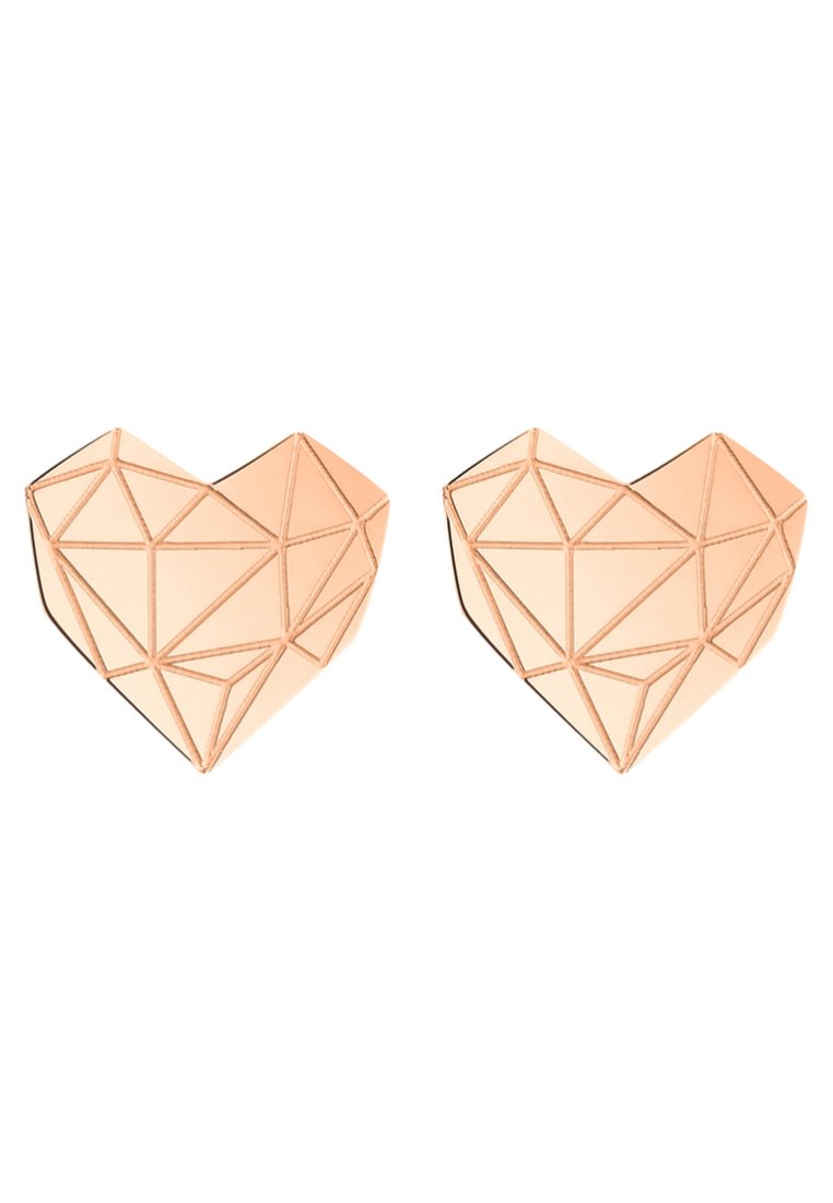 Orecchini a forma di cuore geometrici in oro rosa, con un design sfaccettato caratterizzato da motivi triangolari e superfici lucide.