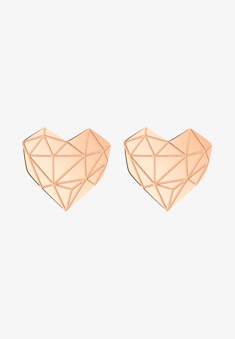 Orecchini a forma di cuore geometrici in oro rosa, con un design sfaccettato caratterizzato da motivi triangolari e superfici lucide.