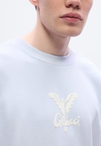 Ανοιχτό μπλε φούτερ με υφασμένο λευκό λογότυπο που απεικονίζει μια φτερωτή φιγούρα και το όνομα της μάρκας "Colucci" στο κέντρο. Ριμπ λαιμόκοψη.