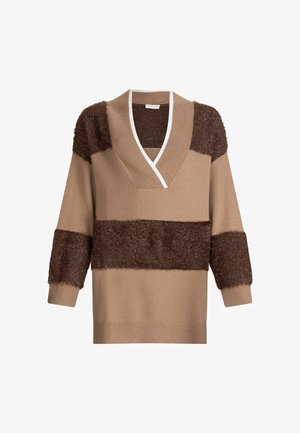 Beige Strickpullover mit flauschigen braunen Streifen, tiefem V-Ausschnitt und Dreiviertelärmeln mit strukturiertem Finish und kontrastierendem weißen Besatz.