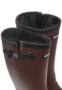 Bottes en caoutchouc marron avec une doublure en fourrure noire, présentant une sangle noire et un détail de boucle, ainsi qu'un design découpé sur le bord supérieur.