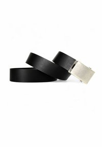 Black leather belt with a smooth finish, featuring a rectangular silver metal buckle. The belt is coiled in a loose spiral.