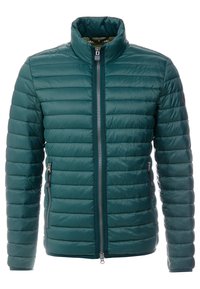 Turkooizen gewatteerd jack met hoge kraag, horizontaal doorgestikt patroon, volledige ritssluiting aan de voorkant en ritssluiting aan de zijkanten. Soepele, glanzende textuur.