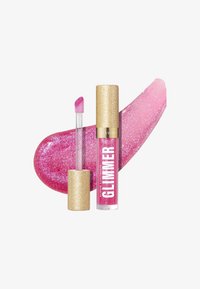 Læb gloss med en klar tube og guld hætte, med en pink applicator. Glitrende pink farveprøve i baggrunden tilføjer glans og livlighed.