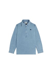 Lichtblauwe poloshirt met lange mouwen, knoopsluiting, kraag en een klein logo op de borst. Gemaakt van zachte, gestructureerde stof.