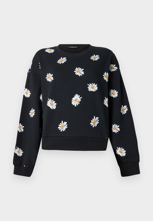Sweat-shirt noir à manches longues avec des imprimés de marguerites blanches et jaunes dispersées sur le devant et les manches.