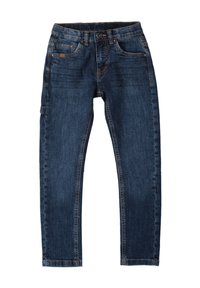 Jeans de mezclilla azul oscuro con corte recto, cinco bolsillos y detalles de costura clara. Presentan un cierre de botón y trabillas para cinturón.