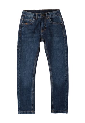 Jeans de mezclilla azul oscuro con corte recto, cinco bolsillos y detalles de costura clara. Presentan un cierre de botón y trabillas para cinturón.