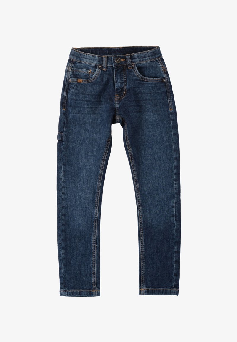 Jeans de mezclilla azul oscuro con corte recto, cinco bolsillos y detalles de costura clara. Presentan un cierre de botón y trabillas para cinturón.