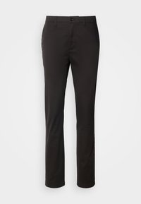 Pantalon noir en tissu lisse, avec une coupe droite, des passants de ceinture, une fermeture à bouton, et sans motifs ni accents visibles.