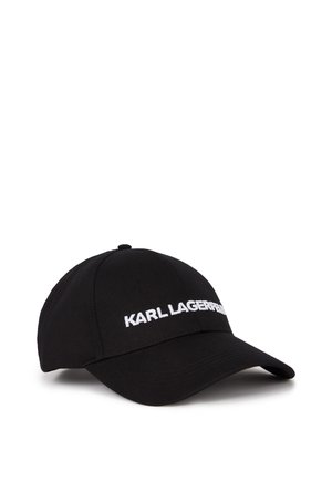 Casquette de baseball noire avec visière incurvée et texte brodé blanc "KARL LAGERFELD" sur le panneau avant.