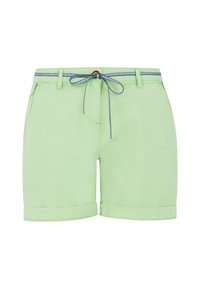 Lichtgroene shorts met een trekkoord in de taille, opgerolde zoom, twee zakken en een blauw gestreepte accent op de tailleband. Gladde stoftextuur.