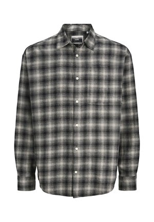 Chemise à carreaux noir et blanc en tissu doux, avec un col pointu, une fermeture à boutons sur le devant et des manches longues.
