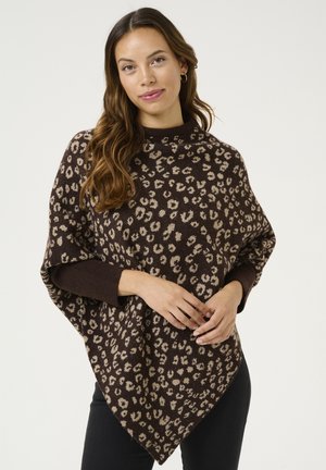Poncho imprimé léopard marron avec un col haut, des poignets côtelés marron foncé en contraste, une texture douce et une coupe triangulaire à l'ourlet.
