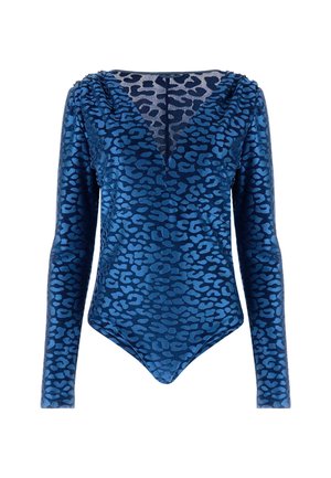 Langdurige mouw bodysuit in diepblauwe velours met een luipaardenprintontwerp. V-halslijn en slim fit. Glad textuur en stijlvolle silhouet.