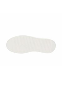 Suola di gomma bianca con righe orizzontali, logo circolare leggermente in rilievo e bordi lisci. Design minimalista, senza motivi o accenti visibili.