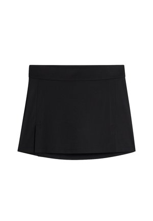 Zwarte skort van een soepele, rekbare stof. Heeft een brede tailleband, geplooid ontwerp en een afgeronde zoom. Ideaal voor sportieve kleding.